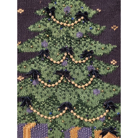 Marisa Christina Christmas Sweater XL 1995 Tree Wreath Beaded Embellished Blue - Picture 5 of 13
